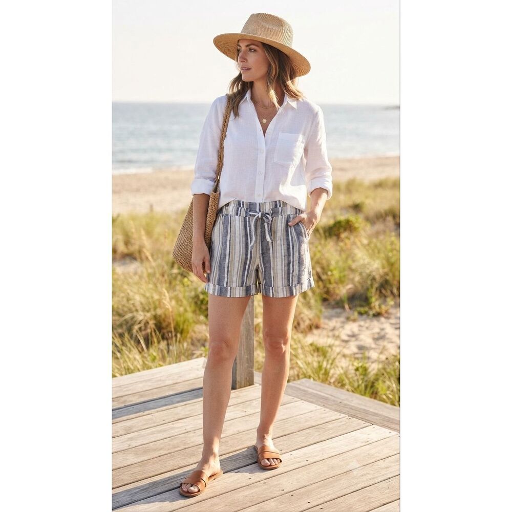 Zac & Rachel Striped Linen Blend Tie-Waist Shorts – Navy & Chino, Size XL, NWT